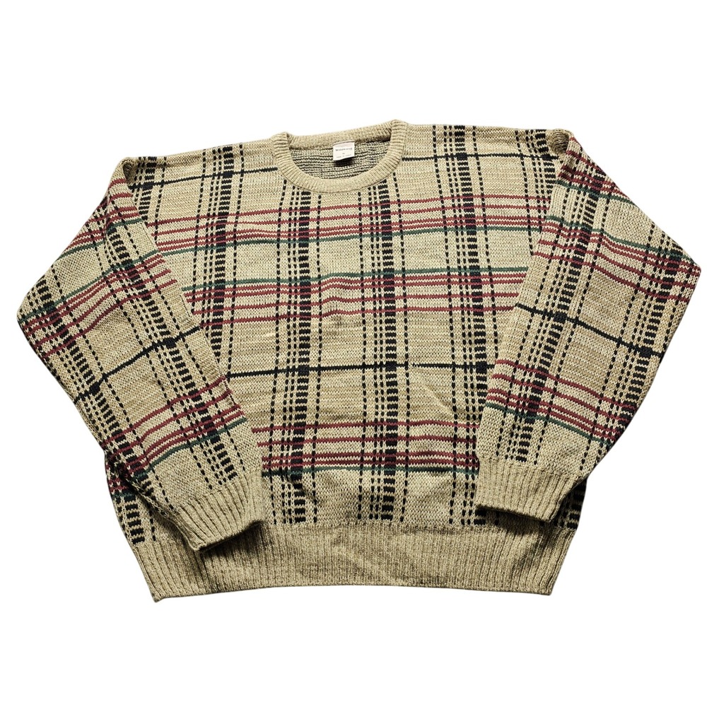 Windridge Plaid Crewneck Sweater Mens XL Tan Red Green Black Acrylic Vintage